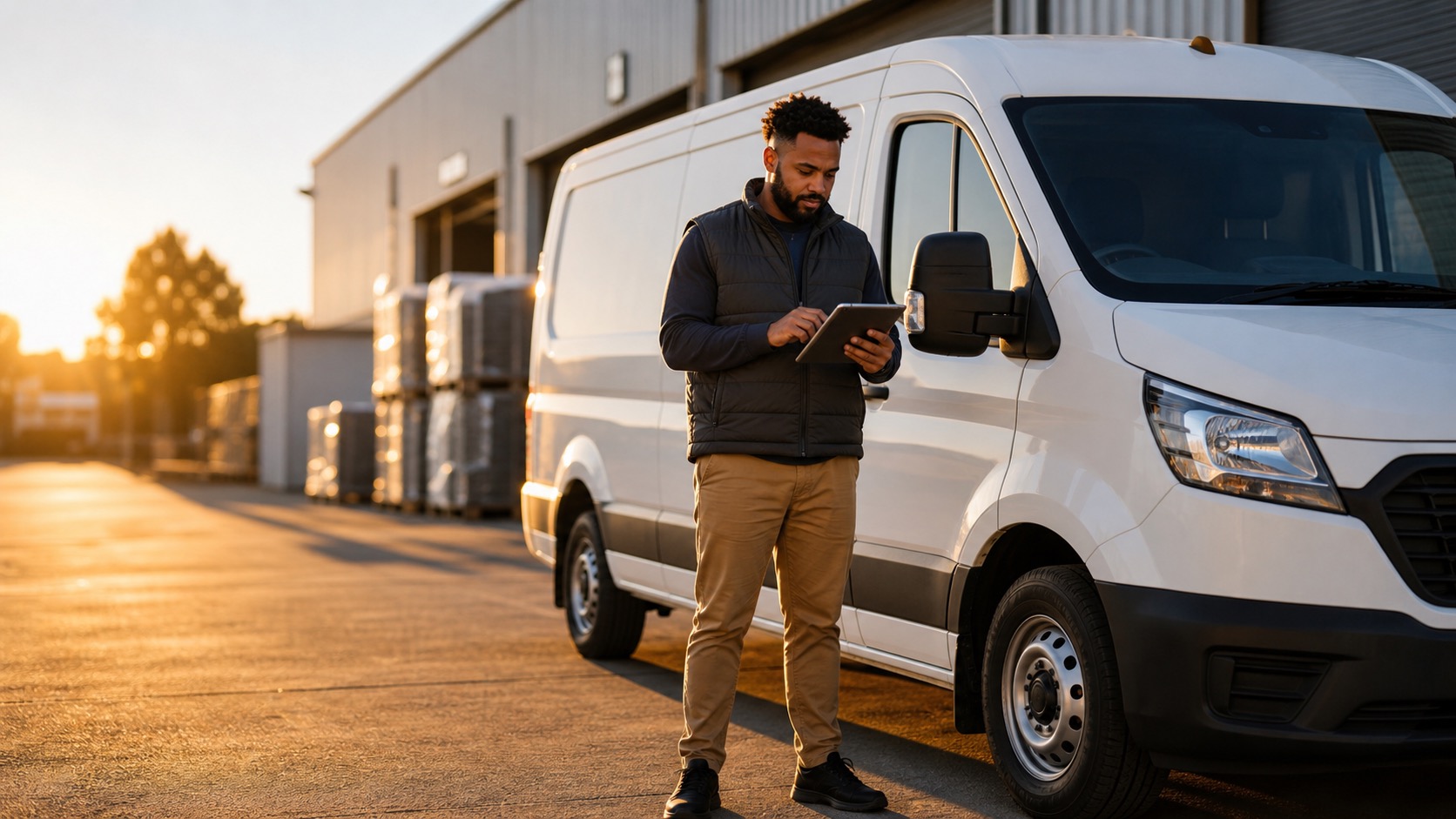 Logistics coordinator beside a delivery van