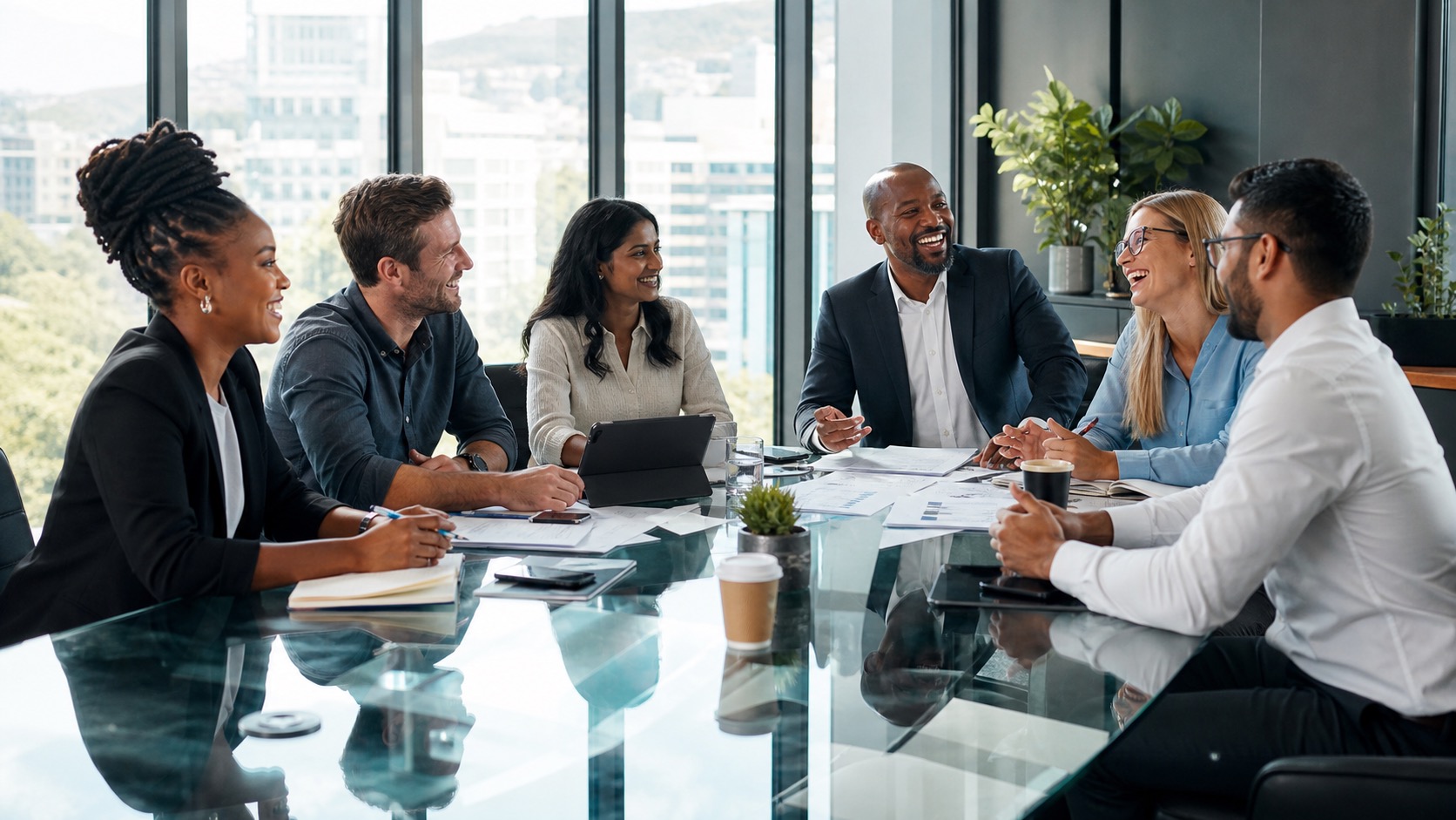 Diverse South African funding team in a Johannesburg boardroom