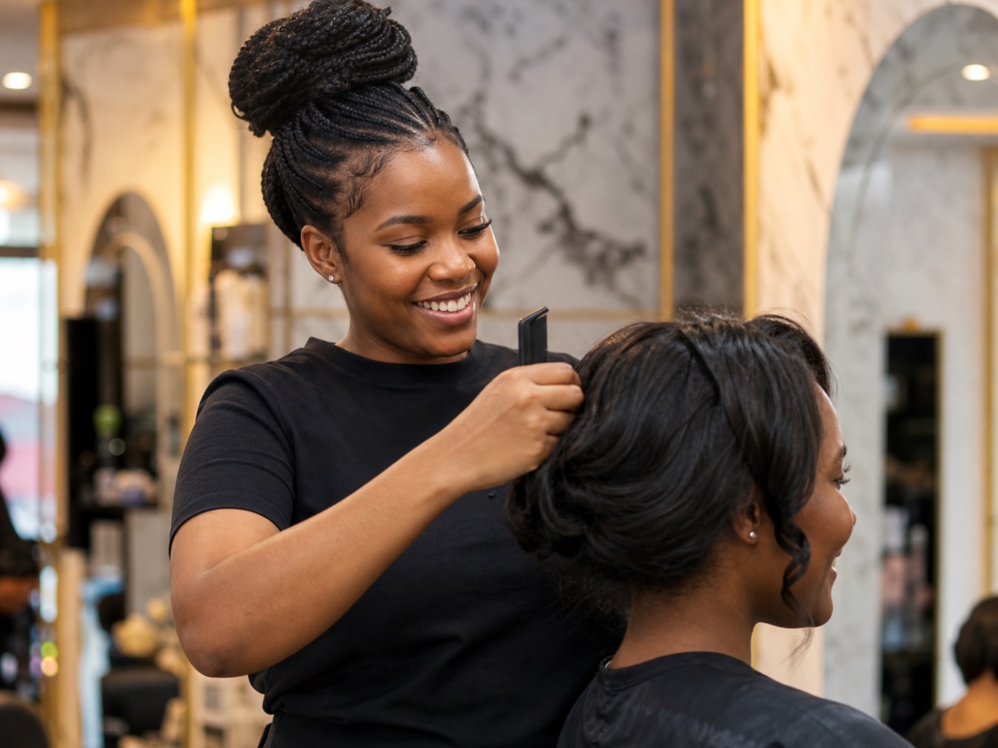 Salon owner styling a client's hair
